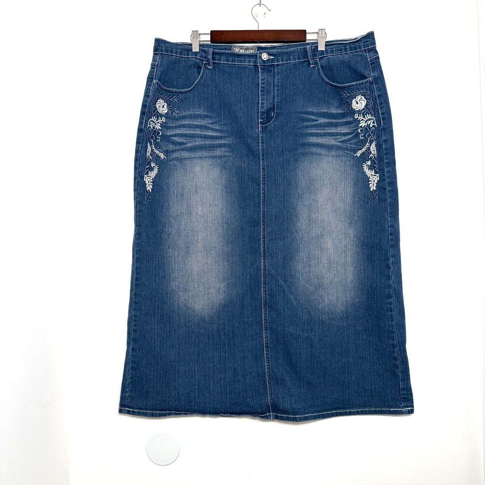 Be-Girl 3XL Embroidered Denim Maxi Skirt Y2K Floral